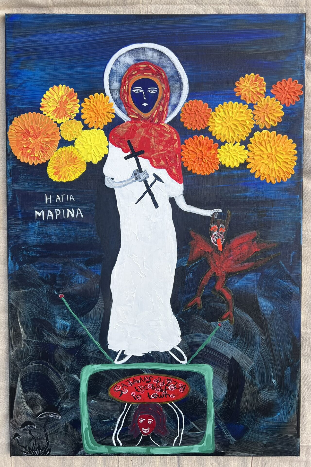 Saint Marina and the Marigolds, acrylic on canvas, 90 x 60 cm, by Maria Deligianni